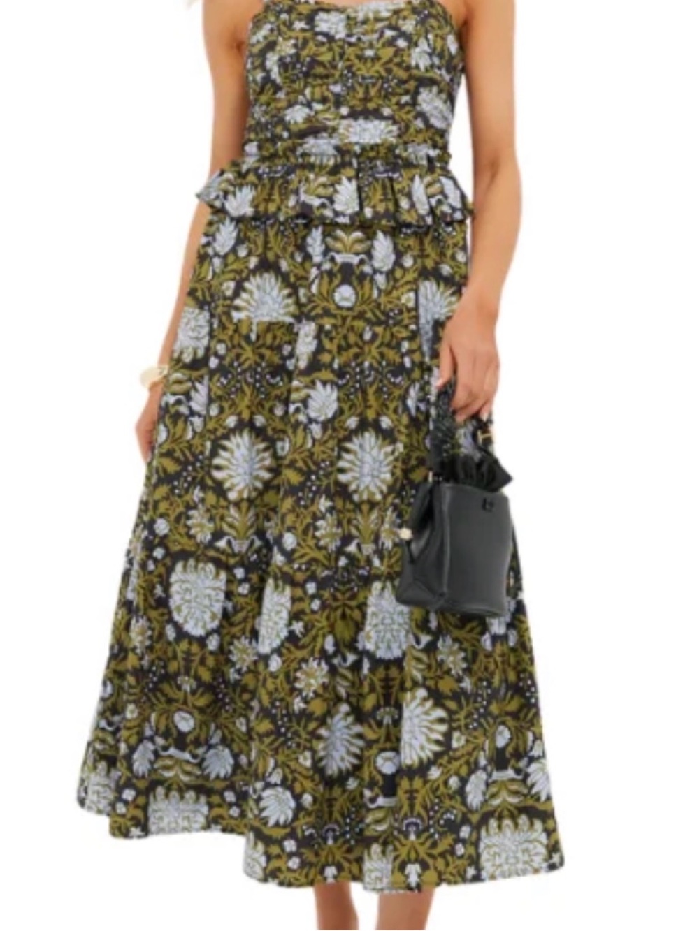 Olive Floral Smocked Midi Dress with Ruffle Waist